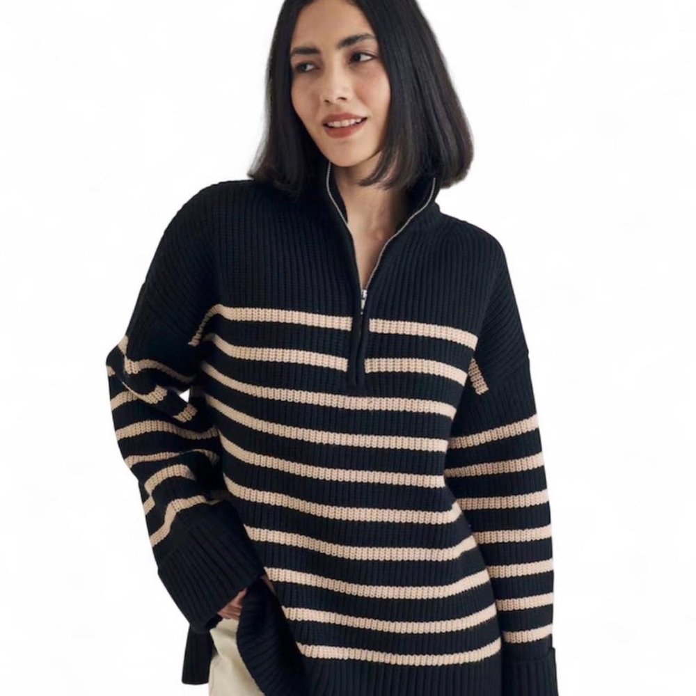 Nobody’s Child Black and Cream Striped Women's Turtleneck Sweater